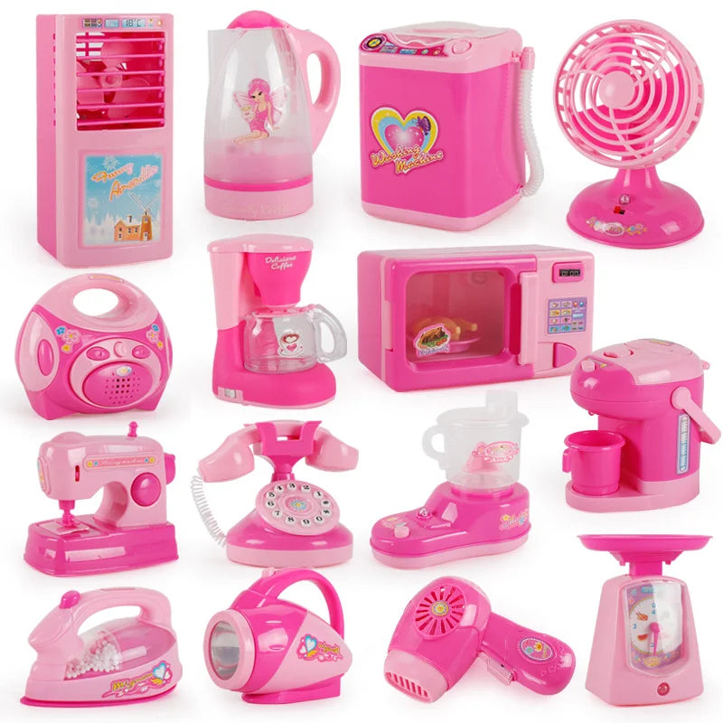 Casa de juegos de cocina simulada para niños, pequeños electrodomésticos, refrigerador, secador de pelo por microondas, máquina de café, hervidor eléctrico de juguete