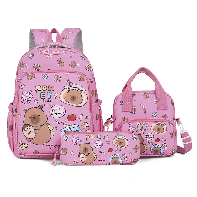 Mochila colorida Capybara 3 unids/set para mujer, mochilas escolares informales con bolsa de almuerzo, mochila para chica, niño, estudiante y adolescente