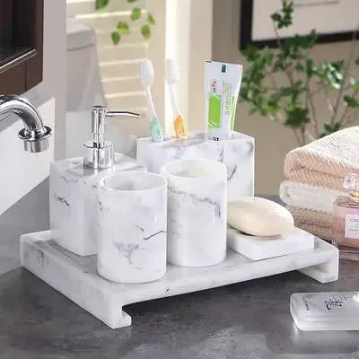 Juego de baño nórdico con diseño de mármol, accesorios de baño de resina, soporte para cepillo de dientes, dispensador de jabón, bandeja para platos