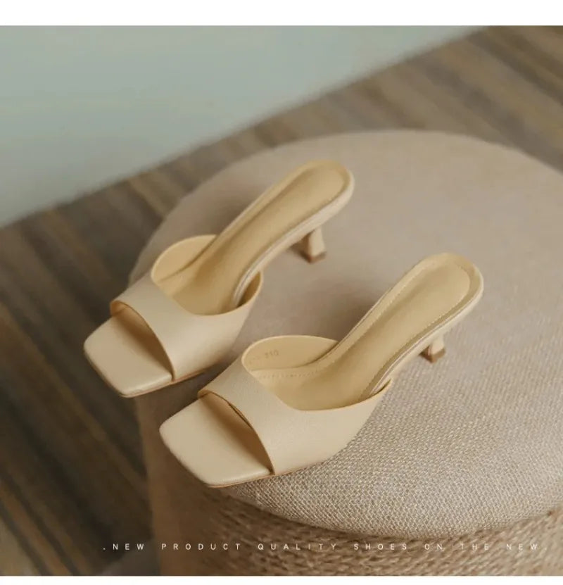 Pantuflas de Tacón Alto para Mujer, Pantuflas de Cuero Vacuno de Lujo, Pantuflas de Moda con Punta Cuadrada, Pantuflas de Tacón Alto con Punta Abierta para Verano