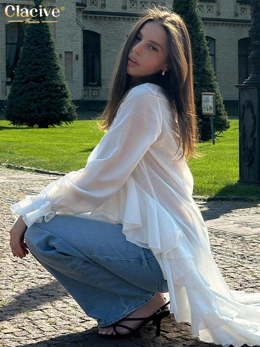 Clacive-Camiseta blanca holgada para mujer, camisas de manga larga con cuello en V a la moda, Top Irregular con volantes elegantes, ropa femenina 2025