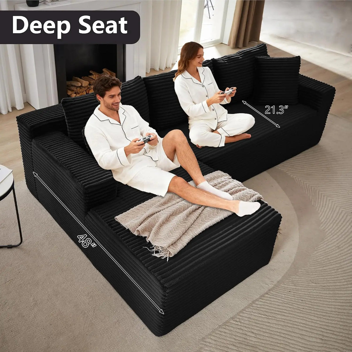 Sofá Modular de Corduroy Negro con Chaise Longue en Forma de L, Asiento Profundo con Espuma Comprimida, No Requiere Montaje, Personalizable