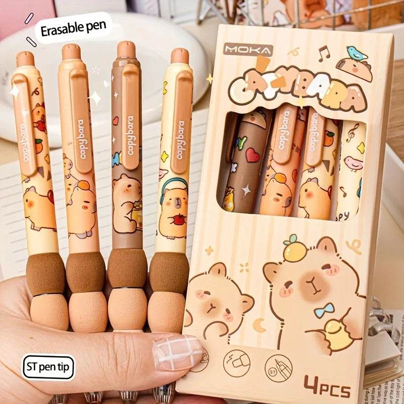 Juego de 4 bolígrafos de gel borrables con temática de capibara, punta de 0,5 mm, barril de agarre suave, opción de regalo perfecta, suministros para oficina y escuela