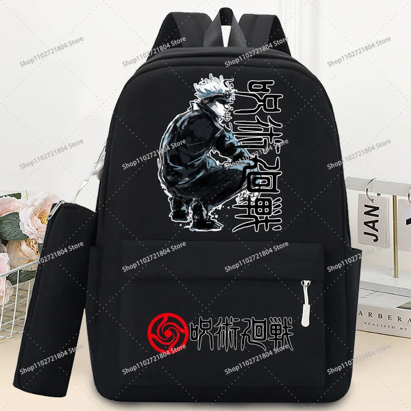 Mochilas Jujutsu Kaisen de 2 piezas con estuche para lápices para estudiantes, mochila escolar con estampado de dibujos animados, mochila de moda para guardar libros y artículos de papelería