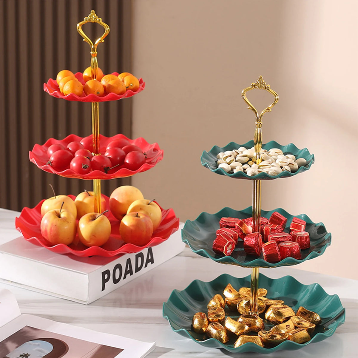 Mesa de exhibición de postre de plástico, Buffet ondulado de estilo europeo y americano, bandeja de servicio de postre, pastel, plato de fruta