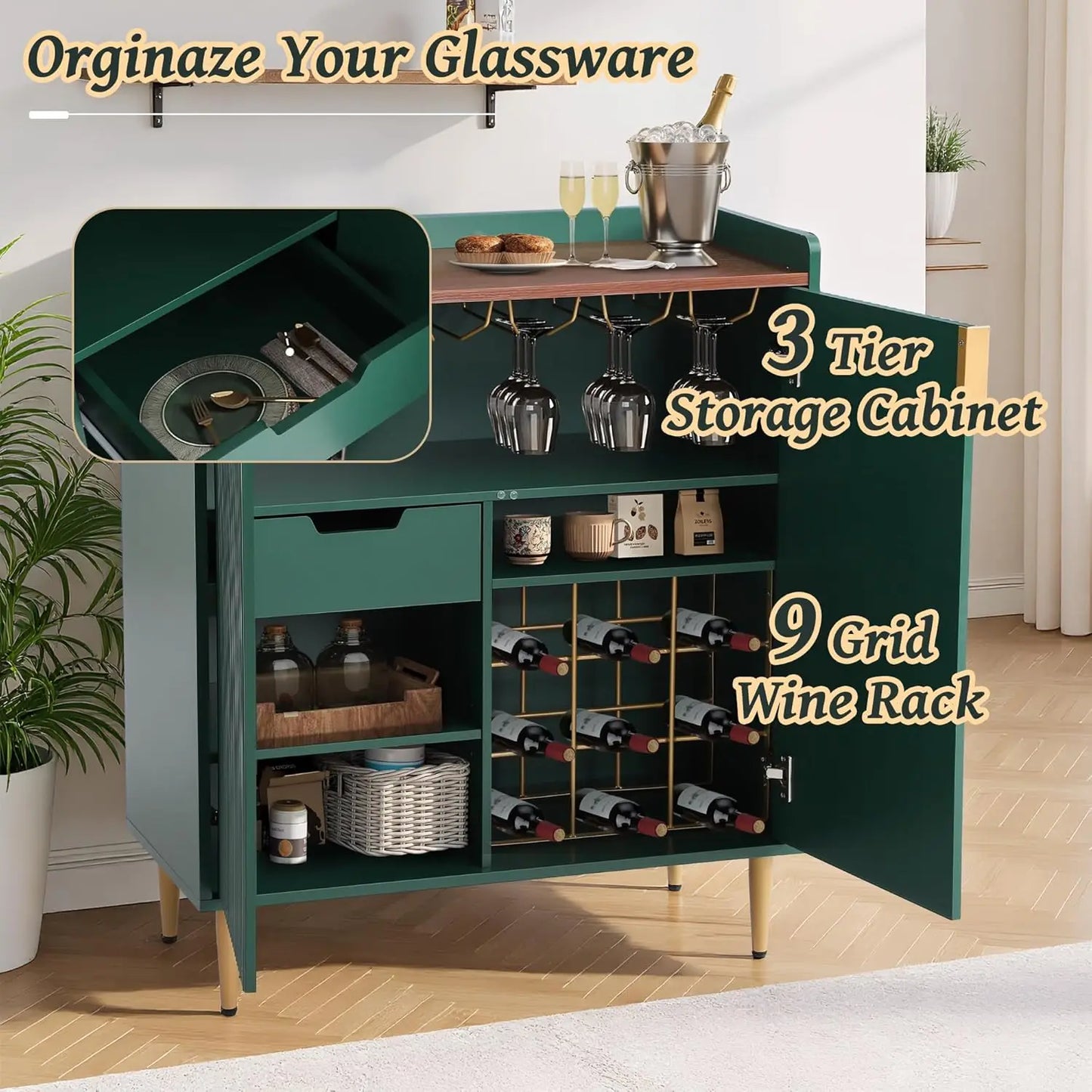 Mueble Bar para Café Verde, Mueble Buffet de 37 Pulgadas con Textura Acanalada, Mueble para Licores con Botelleros para el Hogar, Personalizable