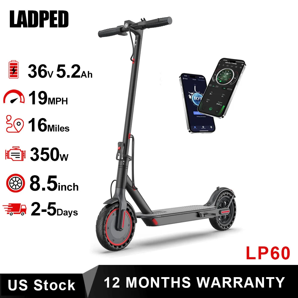 Patinete eléctrico AOVOPRO LADPED LP60, 350W, 19mph, velocidad máxima, neumático de 8,5 pulgadas, patinete eléctrico plegable, rango máximo de 16 millas para adultos