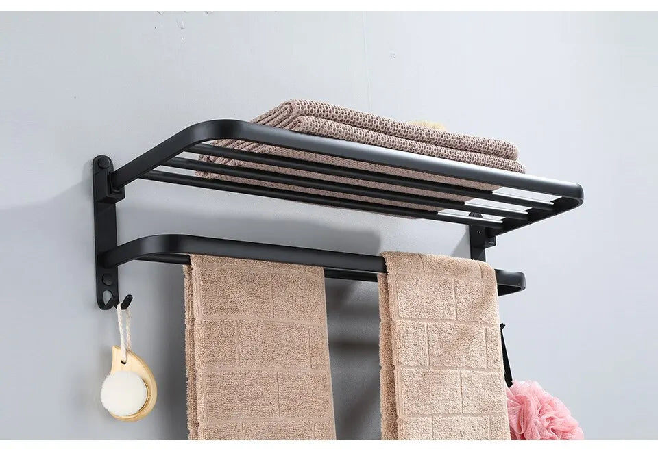 Soporte plegable negro mate de 50cm con gancho, soporte para toallas de pared, soporte para toallas de aluminio
