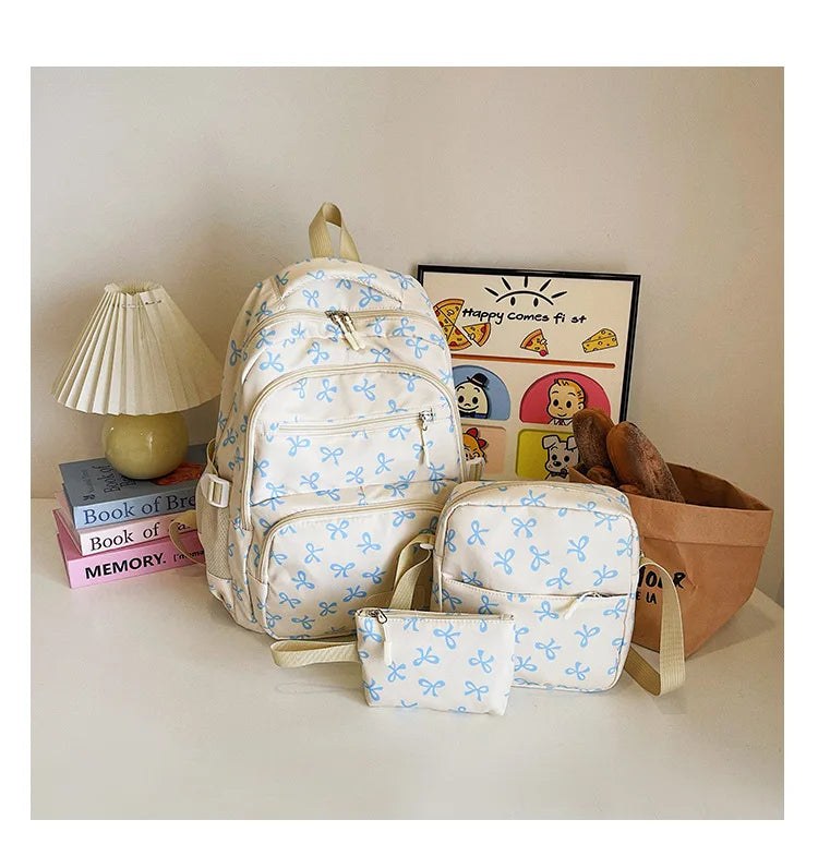 Juego de 3 Bolsas Escolares con Lazo, Mochila de Gran Capacidad, Mochila Casual de Viaje, Mochila Versátil, Bolsa Cruzada, Bolsas para Niñas