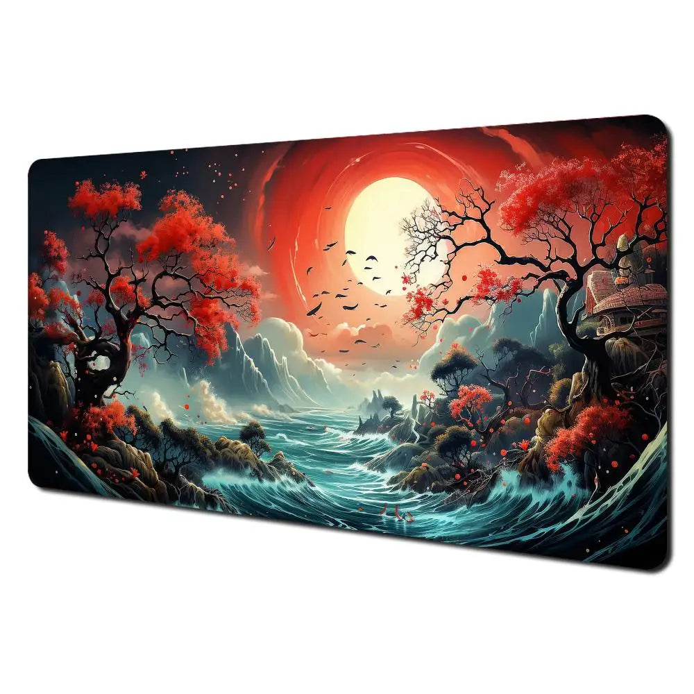 Alfombrilla de ratón grande con paisajes artísticos en rojo y negro, alfombrilla de escritorio duradera antideslizante, accesorios de oficina, alfombrilla para teclado y ratón, Tapis De Bureau