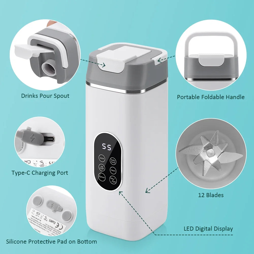 Licuadora Eléctrica Portátil de 400 ml, 2 Tazas, Mini Licuadora Multifuncional Inalámbrica para el Hogar, Recargable por USB, Vaso Mezclador Pequeño
