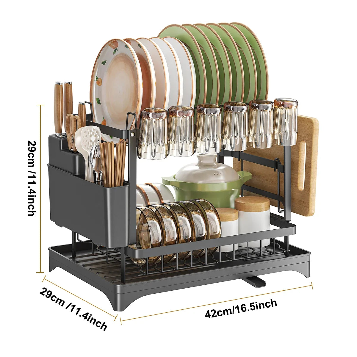 Rejilla para secar platos de 2 niveles con soporte para utensilios, metal, gran capacidad, 360 °   Tubo de drenaje giratorio, organizador de estante para platos de cocina