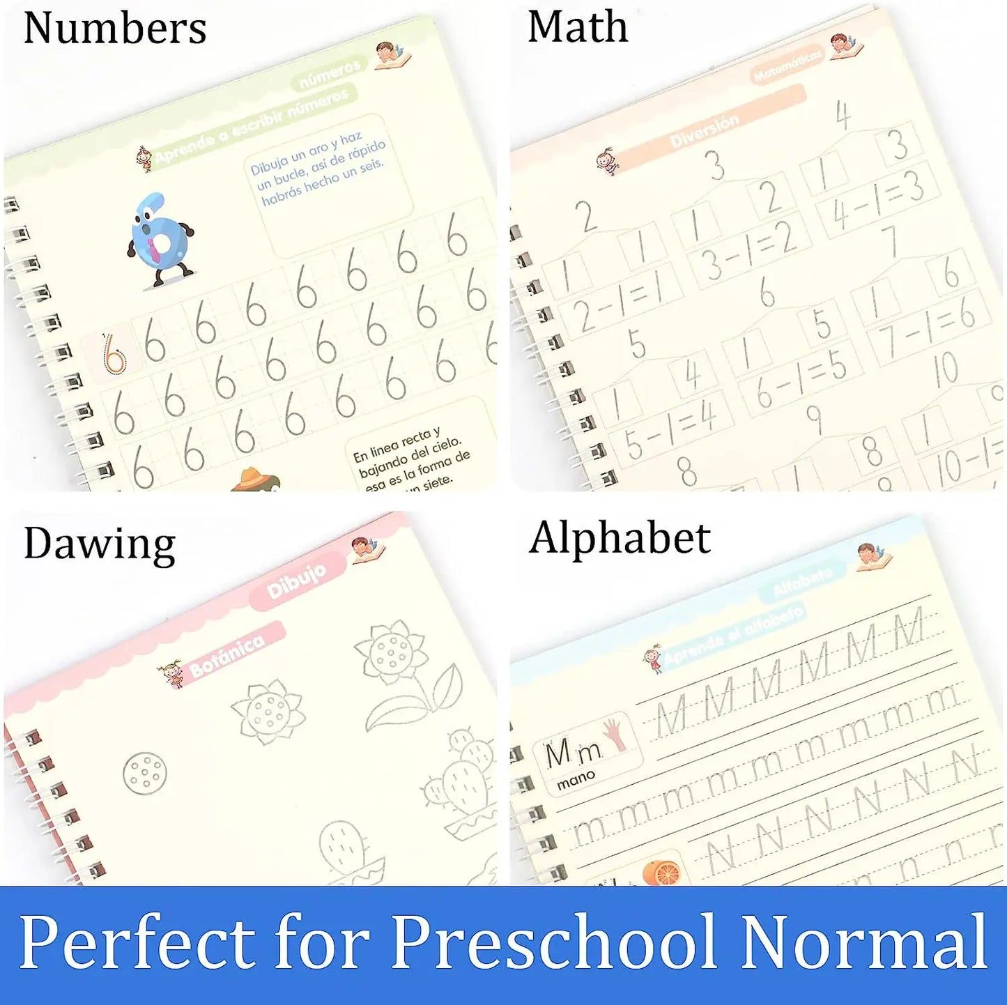 Juego de 4 Cuadernos de Práctica de Caligrafía Mágica Montessori en Español, Reutilizables, para Trazar el Alfabeto, Números, Matemáticas y Dibujo