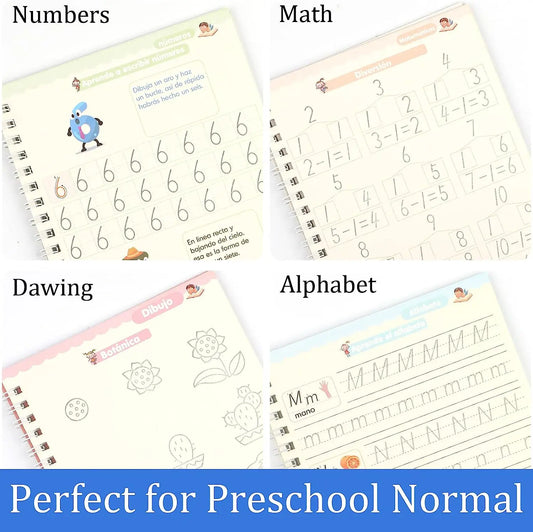 Juego de 4 Cuadernos de Práctica de Caligrafía Mágica Montessori en Español, Reutilizables, para Trazar el Alfabeto, Números, Matemáticas y Dibujo