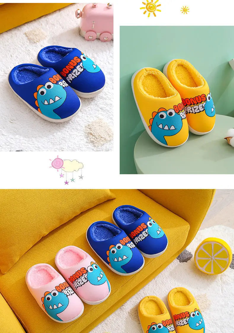 Zapatillas con patrón de dinosaurio de dibujos animados para niños y niñas, bonitos zapatos de felpa, zapatos cálidos adecuados para interiores de otoño e invierno