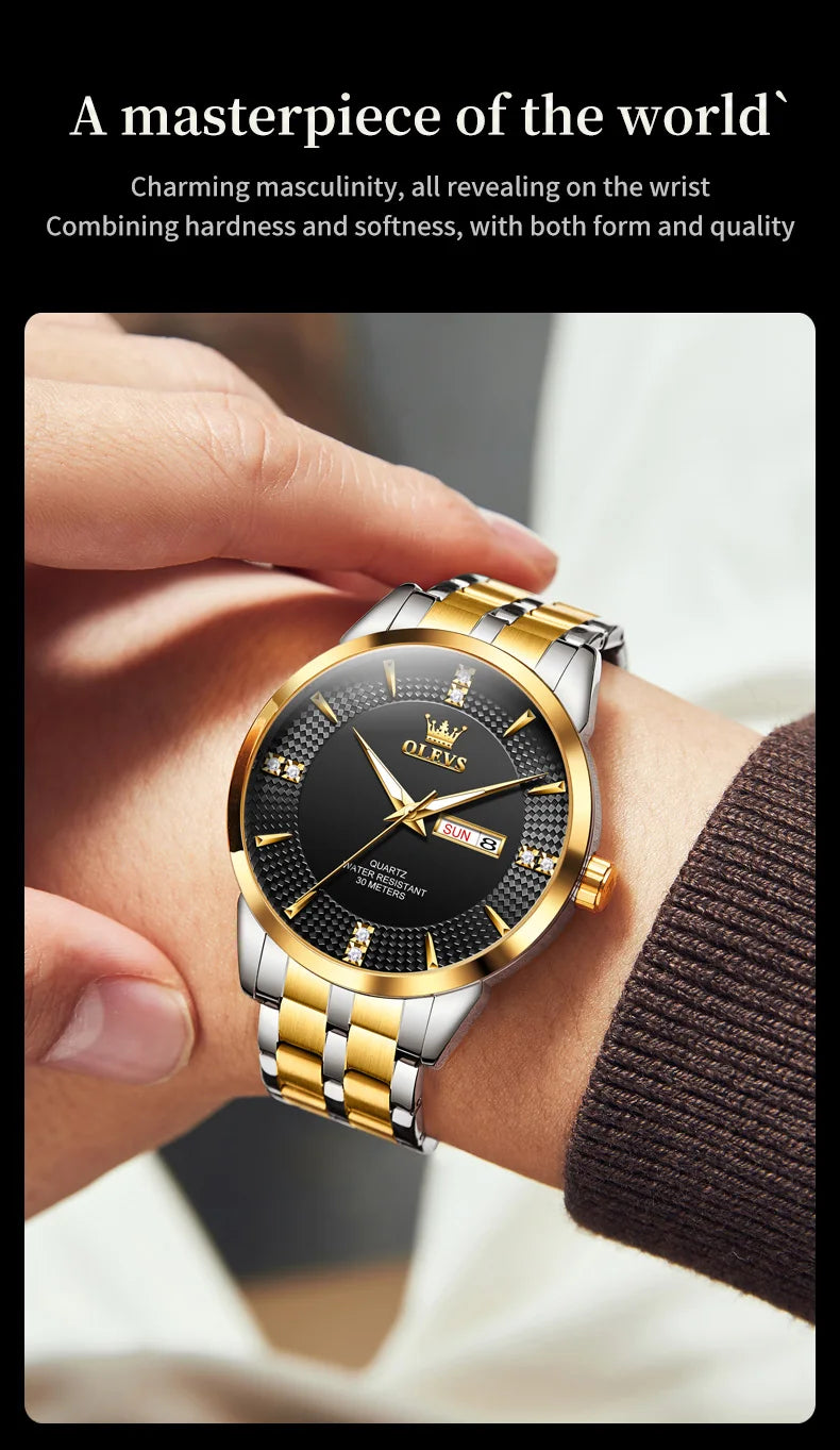 OLEVS 9917 New Mens Watch Original Quartz Watch Diamond Scale Waterproof Luminous Dual Calendar Display Mens Gifts Freebie Reloj