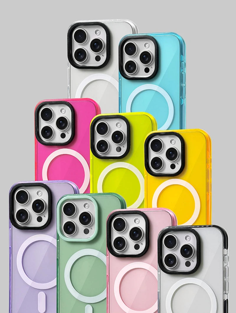 Funda Transparente de Silicona Suave con Carga Inalámbrica MagSafe en Colores Neón para iPhone 17, 17 Pro Max, 15, 16 Pro, 13, 14, 12