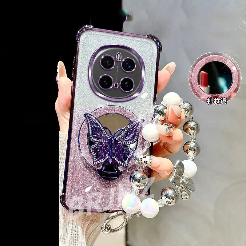 Funda Magnética Antigolpes con Espejo para Realme 14 13 12 Pro Plus C75 C71 C65 C63 C55 C53 C51, Soporte para Teléfono con Diseño de Mariposa y Correa de Pulsera