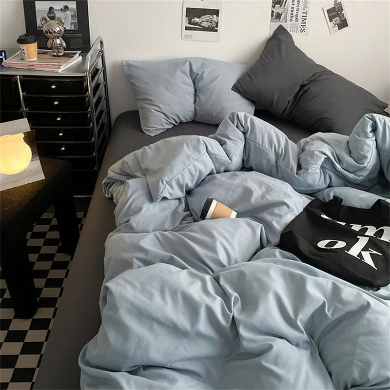 Juego de Ropa de Cama 100% Algodón, Juego de Sábanas de Algodón Lavado de Cuatro Piezas, Juego de Edredón, Funda de Edredón Doble para Parejas