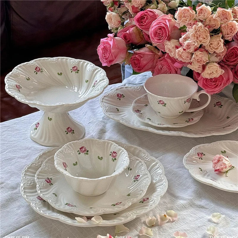 Juego de platos de cerámica, taza de café, platillo, hermoso vajilla, plato de postre de rosa Vintage, platos de cena, regalo, taza de té, suministros de cocina