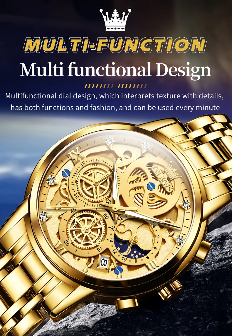 Relojes OLEVS para hombre, marca superior, reloj de cuarzo Original resistente al agua de lujo para hombre, estilo esqueleto dorado, 24 horas de día y noche, nuevo