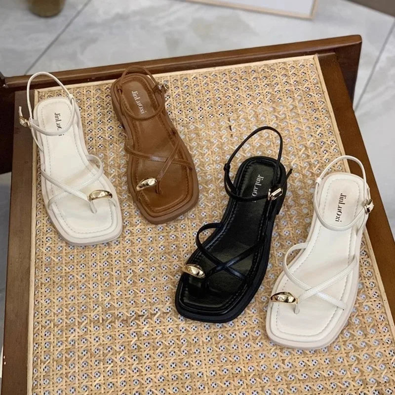 Sandalias de tacón alto para mujer, novedad de verano 2025, Sandalias sólidas informales y deportivas cómodas de tacón bajo para niñas, Sandalias para mujer