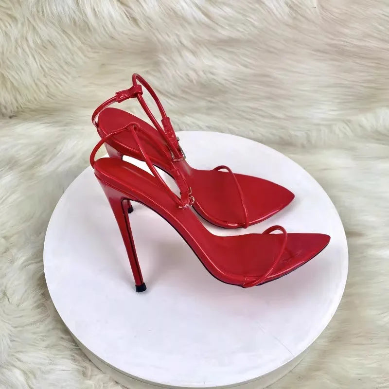 Nuevas Sandalias de Moda con Tira Recta 2026, Sandalias de Tacón de Aguja Rojas con Punta en Pico para Mujer