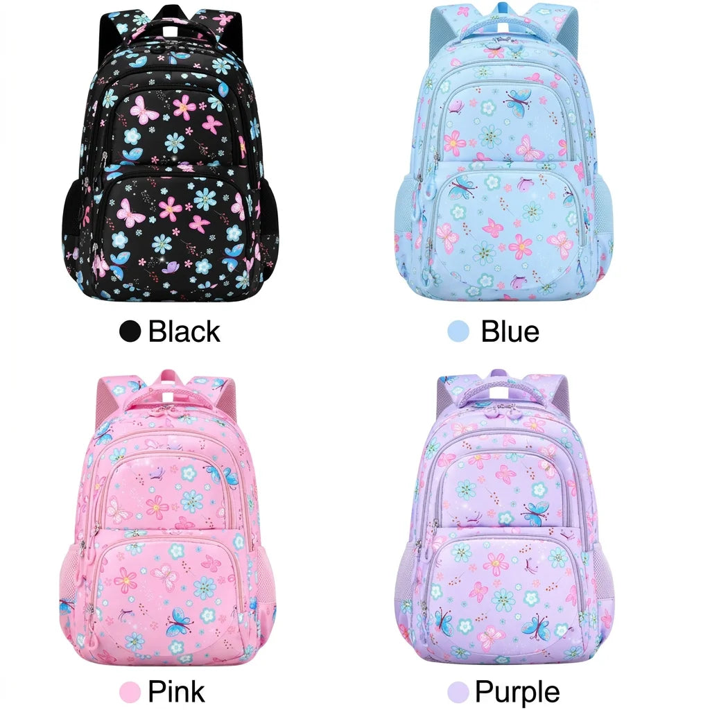 Juego de 3 Piezas de Mochila Escolar para Niños con Estampado de Mariposas y Flores, Resistente al Agua, Ligera, con Lonchera Aislada y Estuche para Lápices