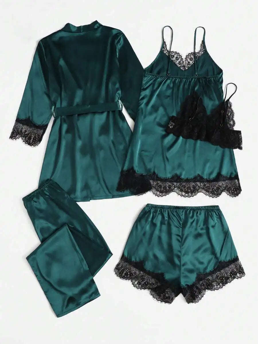 Conjunto de pijama de satén para mujer, bata de lencería Sexy, albornoz de encaje de seda, vestido de noche, pantalones, ropa de dormir para el hogar, 5 piezas
