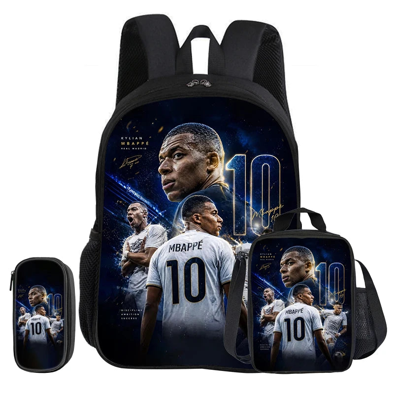 M-Mbappe-Juego de 3 piezas de mochila escolar con diseño de estrella de fútbol para niños, bolsa para lápices, mochila con bolsa para el almuerzo, mochila deportiva, regalo para niños