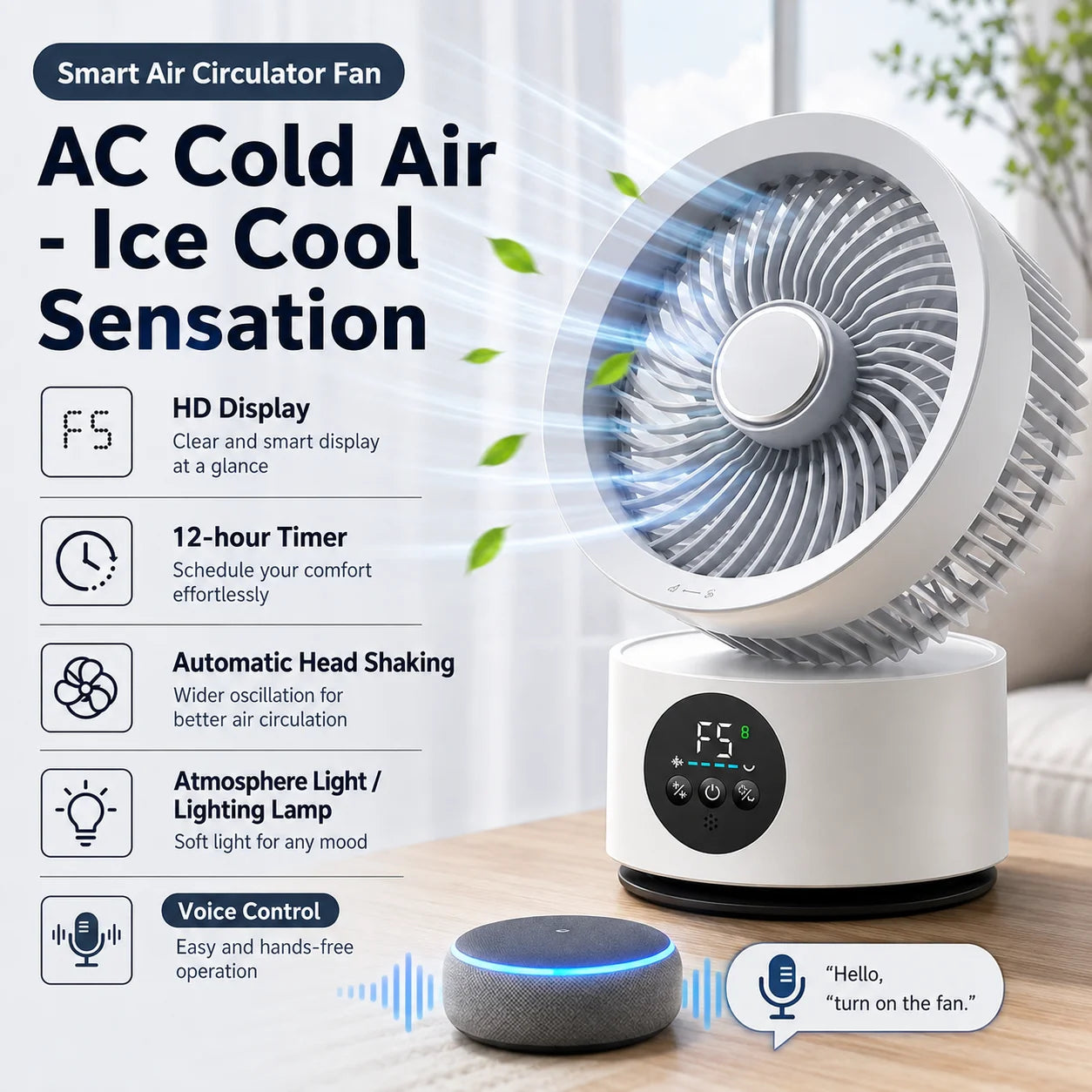 Ventilador Portátil de Pared con Control Remoto, Ventilador Eléctrico Plegable Recargable por USB con Luz Nocturna y Control por Voz Inteligente