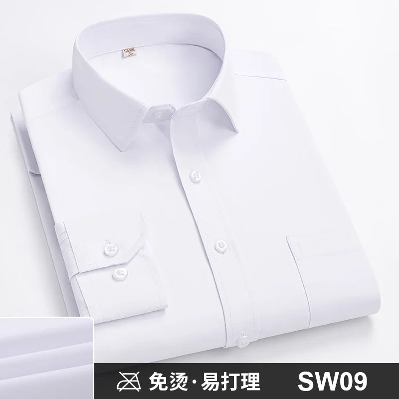 Camisa Formal de manga larga para hombre S ~ 8XL, camisas blancas de negocios de moda de gran tamaño a rayas de Color sólido, antiarrugas y sin planchar
