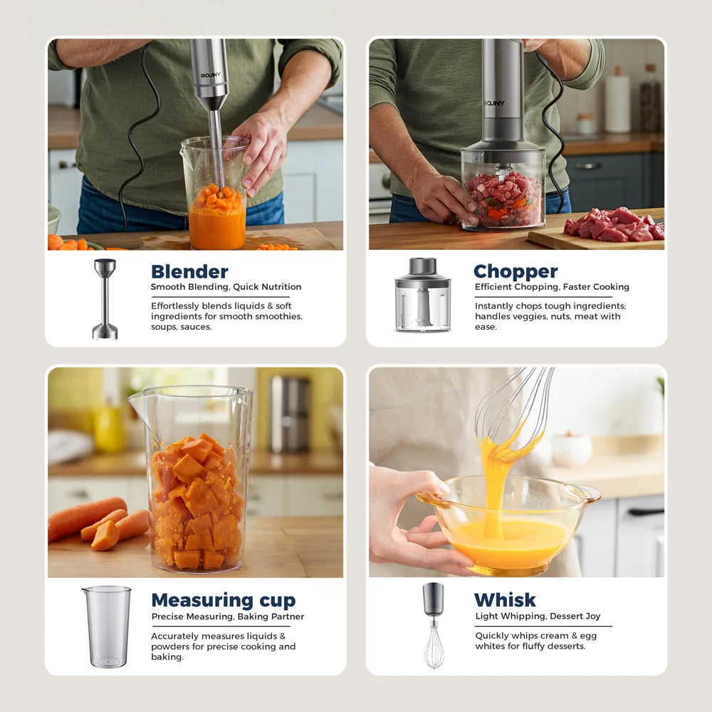 ROUNY Licuadora de inmersión manual 4 en 1 potente de 1000 W, batidora de alimentos con varilla de acero inoxidable, vaso mezclador de 700 ml, procesador de 500 ml, batidor