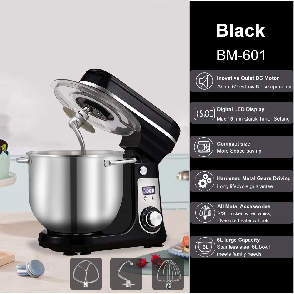 BioloMix Batidora de pie para alimentos de cocina, licuadora, motor silencioso, batidor de huevos y crema, amasadora de masa, 6 velocidades, 1200 W, 6 L, CC