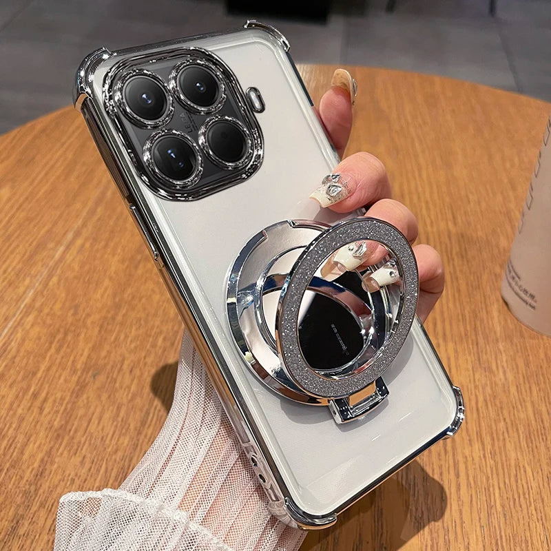 Funda con Soporte Magnético y Espejo Brillante para Xiaomi 15T Pro 17T Pro, Funda Protectora de Silicona Suave con Revestimiento para Xiaomi 17 Max