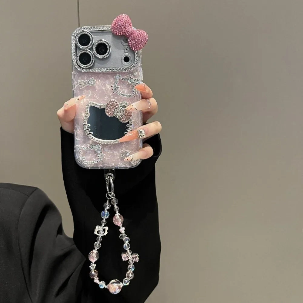 Funda de Teléfono 3D con Diseño de Hello Kitty de Sanrio, con Brillantina, para iPhone 17 16 15 14 13 12 Pro Max, Resistente a Impactos, con Espejo de Maquillaje