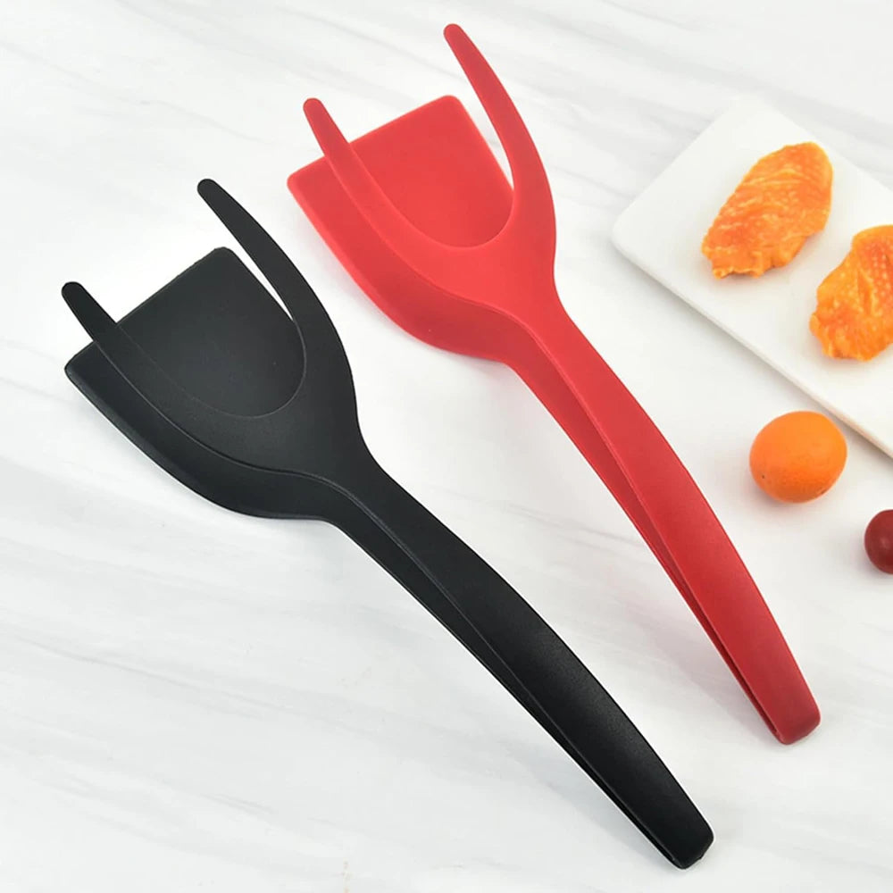 Nueva Espátula 2 en 1 con Pinzas, Espátula para Voltear Huevos, Espátula de Nailon con Revestimiento Antiadherente, Herramienta para Hacer Panqueques, Pescado, Tostadas Francesas y Omelettes