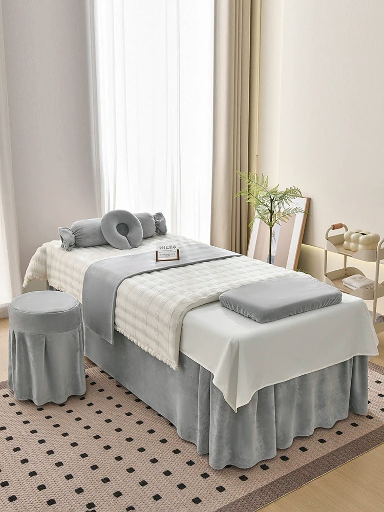 Juego de cama gruesa de terciopelo de leche para salón de belleza, falda de cama de Spa para masaje, funda de almohada, funda de taburete y funda nórdica, Sábana de salón para Club, 4 Uds.