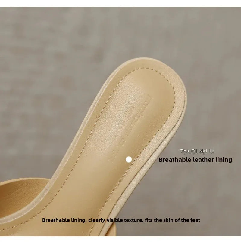 Pantuflas de Tacón Alto para Mujer, Pantuflas de Cuero Vacuno de Lujo, Pantuflas de Moda con Punta Cuadrada, Pantuflas de Tacón Alto con Punta Abierta para Verano