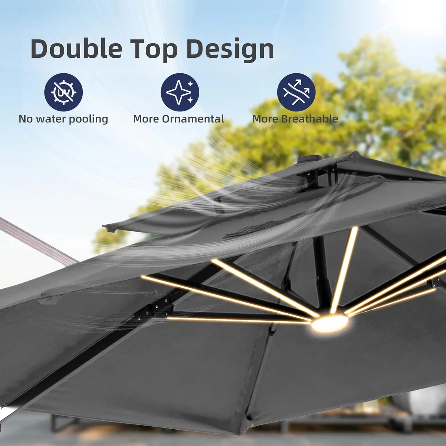 Sombrilla de Patio de 9x12 Pies con Luces LED, Sombrilla Rectangular Grande y Resistente de Aluminio para Exteriores, Personalizable