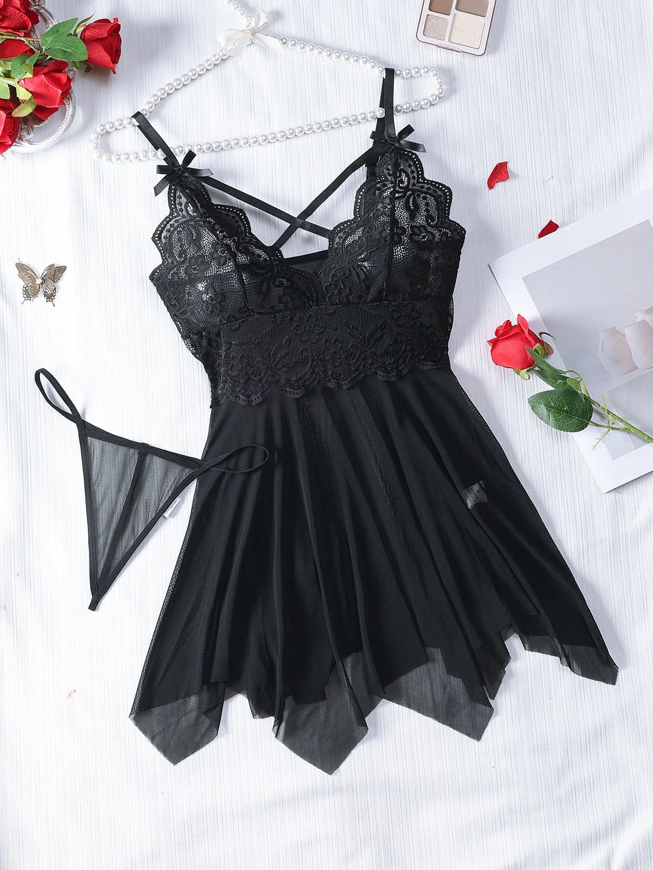 Lencería Sexy roja transparente, ropa interior para mujer, ropa de dormir transparente, camisón de encaje y bragas, conjuntos de Pijamas, camisón Sexy para mujer