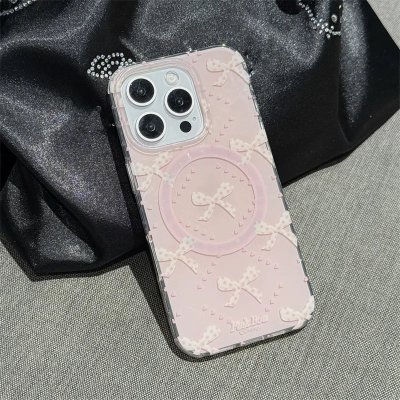 Preciosa funda de teléfono magnética para iPhone 16 Pro 15 14 13 Pro Max 15Pro, funda con soporte de lazo de perlas, fundas a prueba de golpes para Magsafe