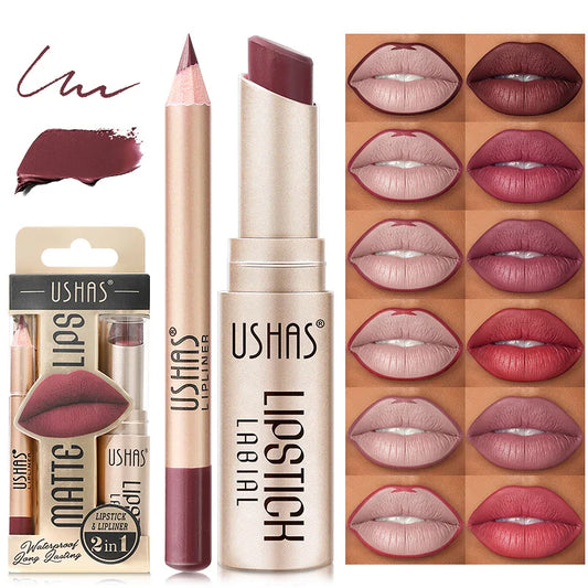 Juego de lápiz labial mate de 12 colores, lápiz labial rojo desnudo de larga duración con delineador de labios, Kit de maquillaje de labios para colorear fácil y no seco