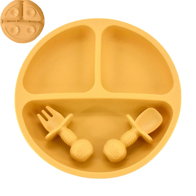 4 unids/set plato de comedor de silicona seguro para bebé, platos sólidos de dibujos animados para niños, juego de vajilla para bebé con cara sonriente, plato Retro para niños