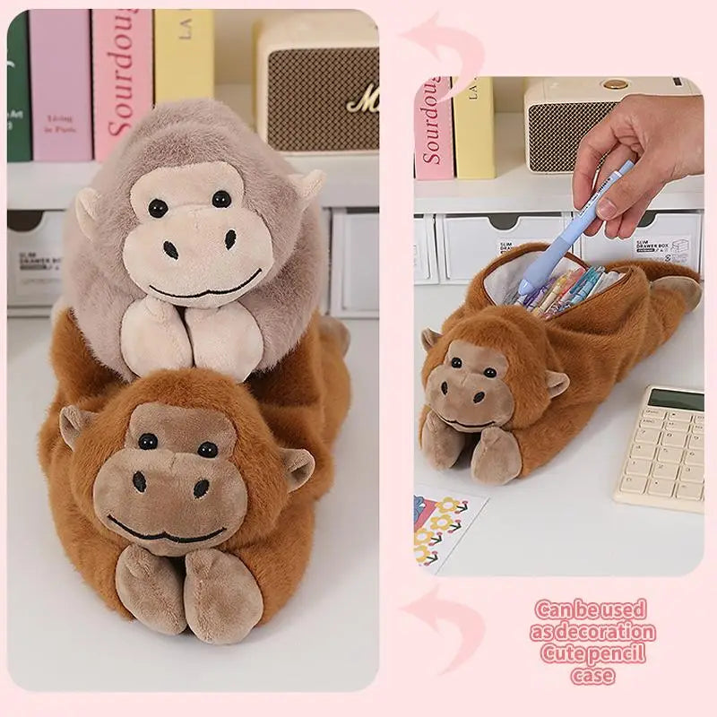 Nuevo Estuche de Lápices de Peluche con Diseño de Gorila de Dibujos Animados, Divertido Estuche de Lápices con Forma de Animal para Estudiantes, Bolsa de Almacenamiento de Papelería de Gran Capacidad, Regalos