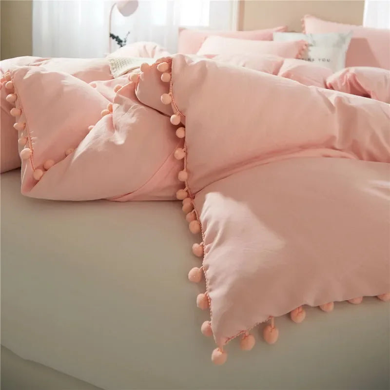 Funda de edredón suave y lavada, Juego de 3 piezas, funda de almohada, juego de ropa de cama para Twin, Full, Queen, King Size, decoración de pompones