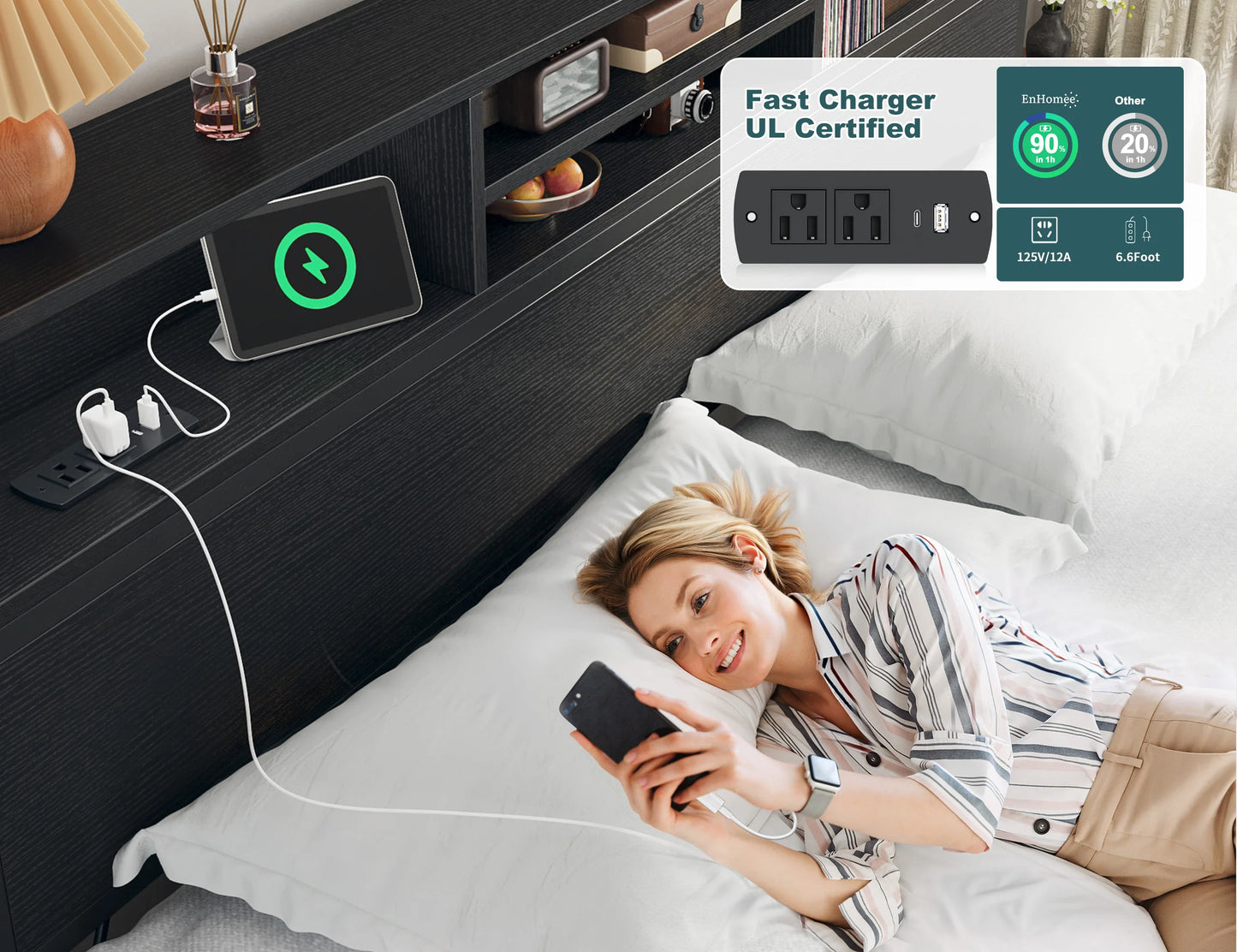 EnHomee - Base de Cama Matrimonial/Queen/King con 6 Cajones de Almacenamiento y Estación de Carga, Base de Cama de Plataforma Metálica con Cabecera con Librero, Sin Ruido