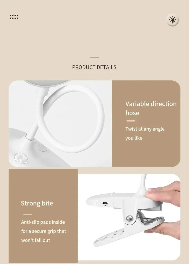 Lámpara de mesa Led, luz nocturna recargable por USB con abrazadera plegable, soporte de estudio, lámpara de lectura táctil, 3 modos de atenuación, luz de protección ocular
