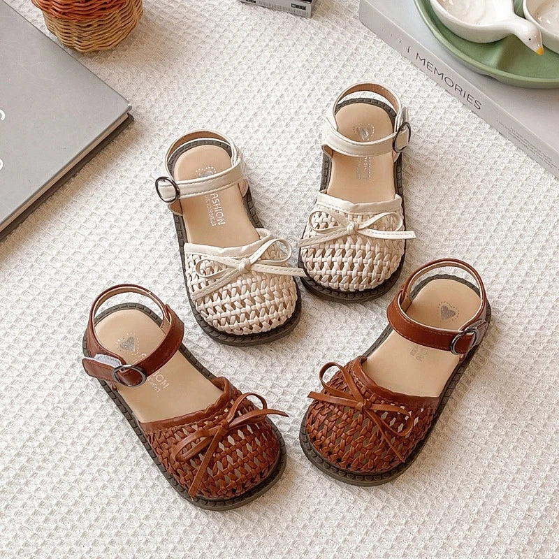 Sandalias Casuales de Verano para Niñas, con Lazo, Tejidas, Planas, Antideslizantes, con Diseño Calado, para la Playa, la Escuela y el Uso Diario