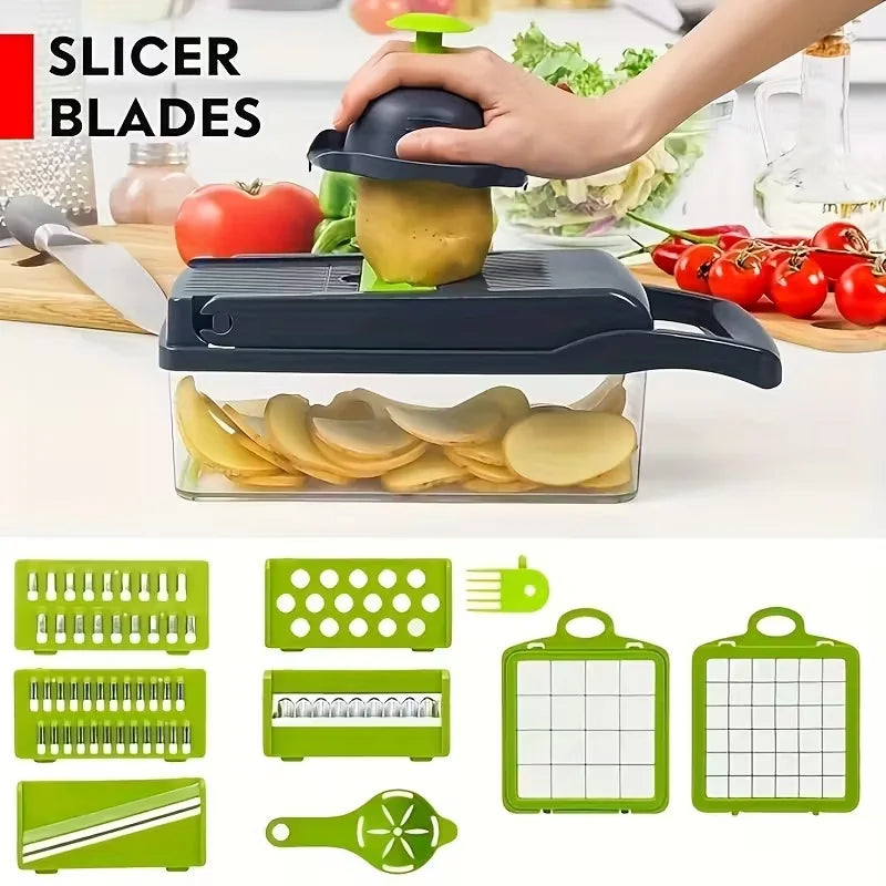 Picadora de verduras multifuncional 14 en 1, picadora de cebolla con mango, picadora de alimentos, rebanadora de verduras de cocina, cortadora